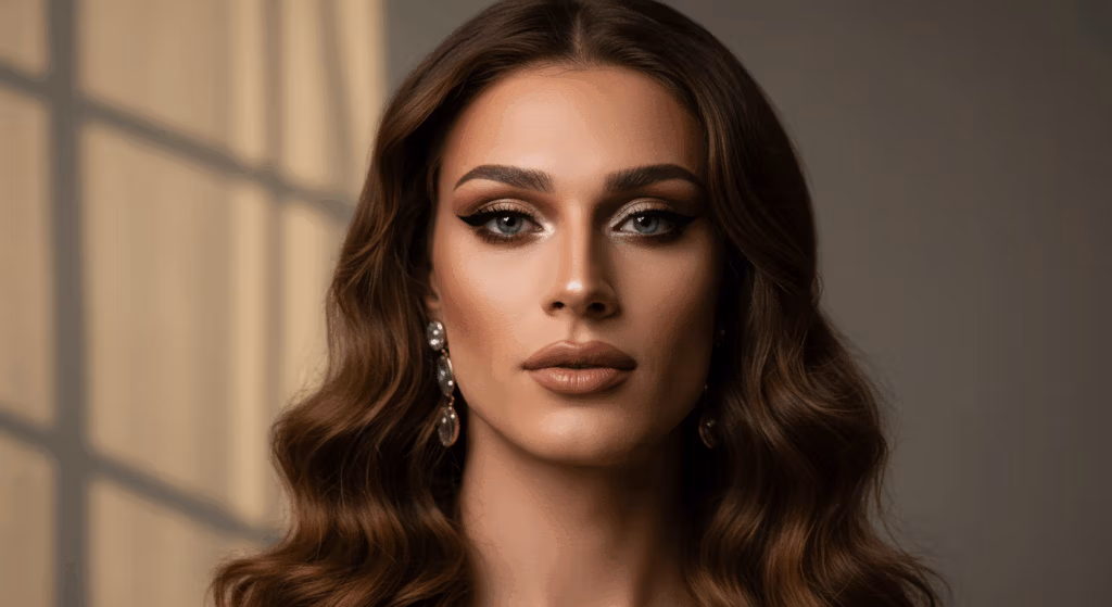 A close-up portrait of a woman with dramatic makeup, featuring bold eyeliner and voluminous hair, posing against a softly lit background with window shadows.