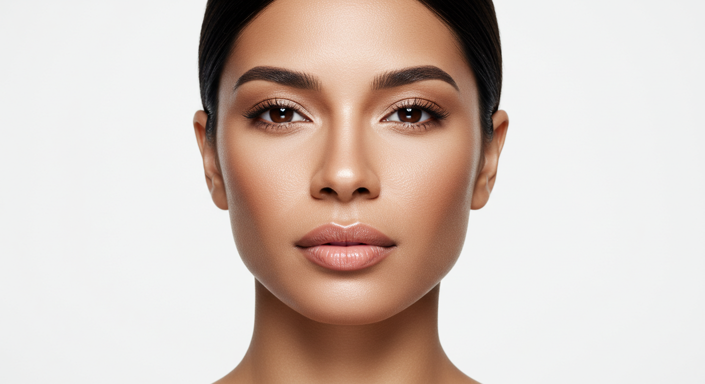 A close-up portrait of a woman with a serious expression, looking directly at the camera, featuring smooth skin and subtle makeup.