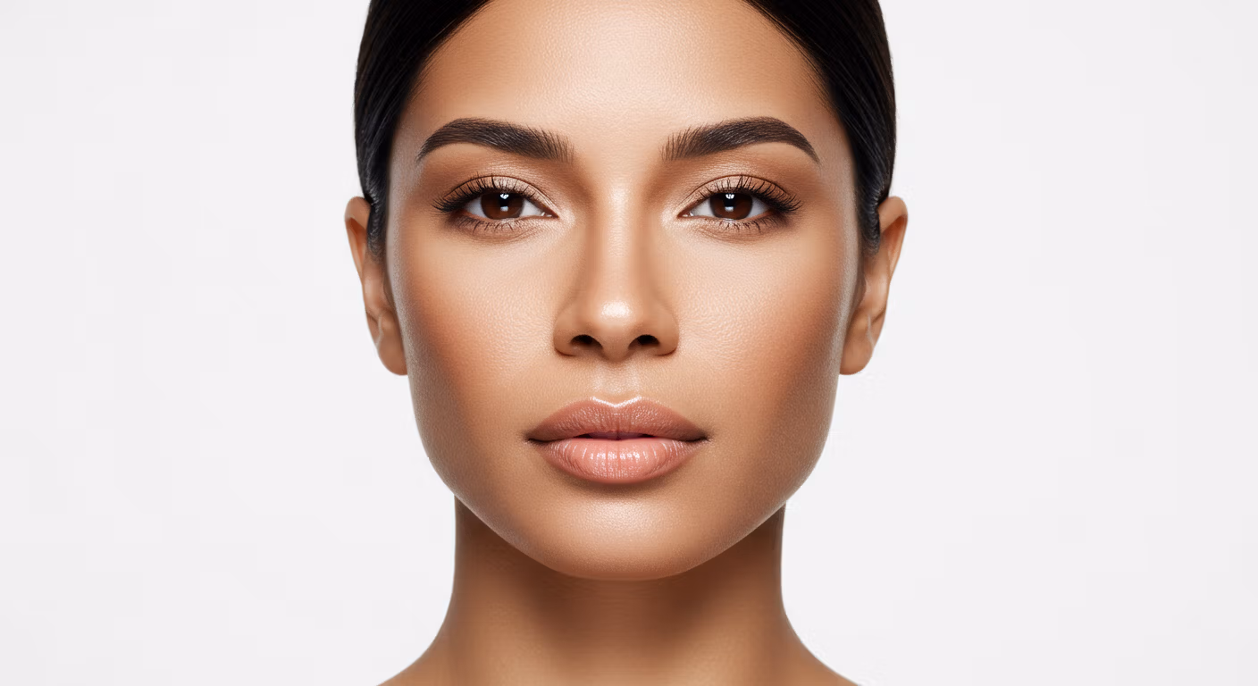 Portrait en gros plan d'une femme à l'expression sérieuse, regardant directement la caméra, avec une peau lisse et un maquillage subtil.