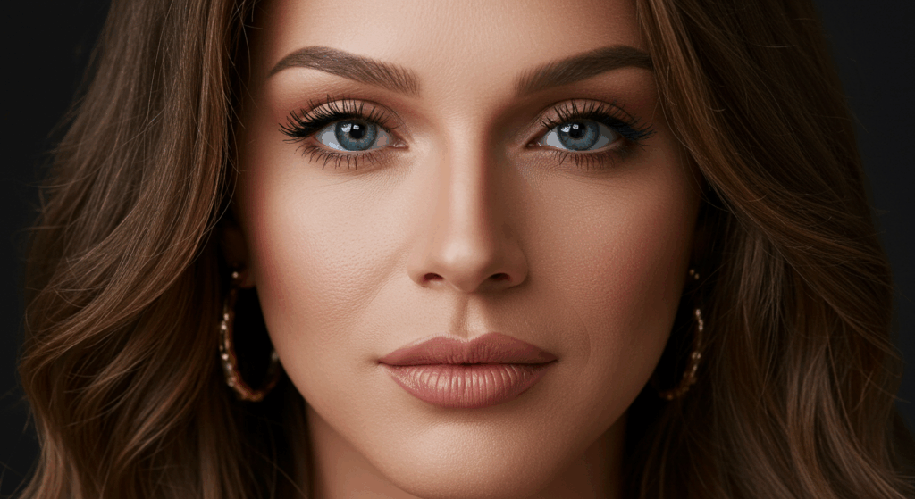 صورة مقربة لامرأة ذات شعر بني طويل، وبشرة فاتحة، وعيون زرقاء فاتحة. تضع مكياجًا خفيفًا، بما في ذلك كريم أساس وماسكارا وأحمر شفاه بلون البيج. شعرها مصفف بتموجات خفيفة، وترتدي أقراطًا ذهبية دائرية. الخلفية داكنة، مما يُبرز ملامح وجهها ونضارة بشرتها.