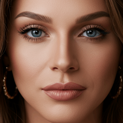 Een close-upportret van een vrouw met lang bruin haar, een lichte huid en lichtblauwe ogen. Ze draagt subtiele make-up, waaronder foundation, mascara en nude lippenstift. Haar haar is in losse golven gestyled en ze draagt gouden oorringen. De achtergrond is donker, waardoor haar gelaatstrekken en de glans van haar huid worden benadrukt.
