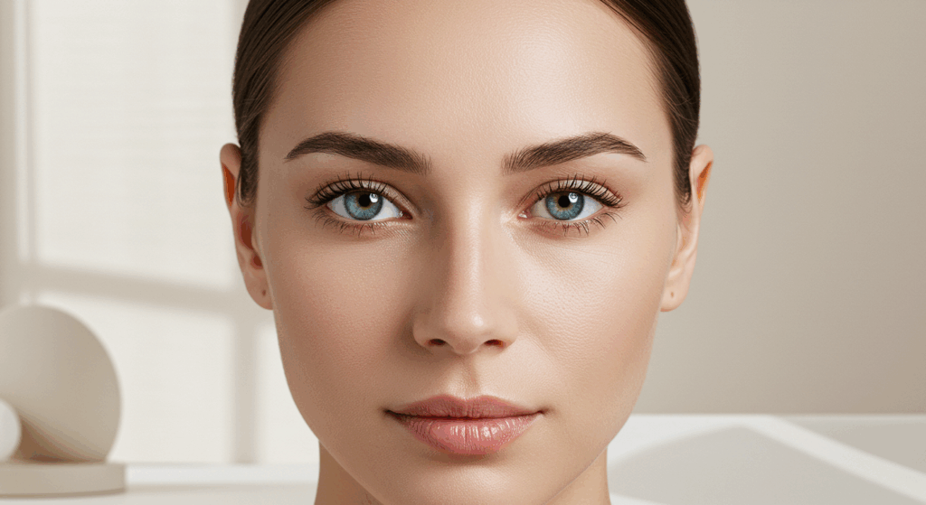 A close-up portrait of a person with striking blue eyes, smooth skin, and a neutral expression, set against a bright, softly lit background.
