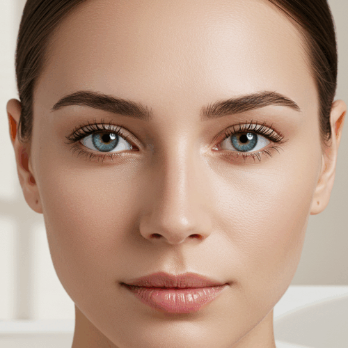 Een close-upportret van een persoon met opvallende blauwe ogen, een gladde huid en een neutrale uitdrukking, tegen een heldere, zacht verlichte achtergrond.