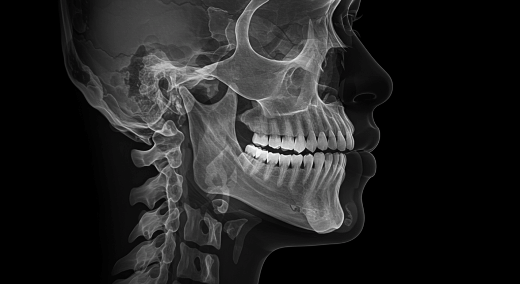 İnsan kafatası ve çenesinin ayrıntılı kemik yapısını gösteren röntgen görüntüsü.