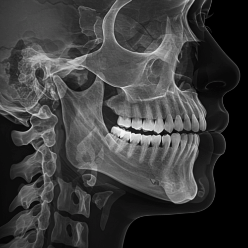 Röntgenfoto van een menselijke schedel en kaak, waarop de gedetailleerde botstructuur te zien is.