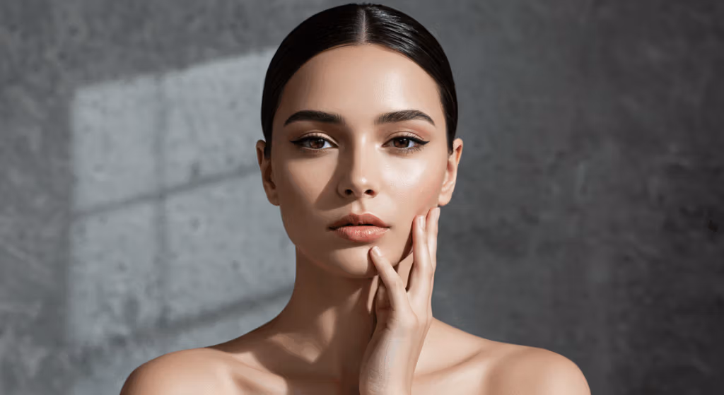 A woman with smooth, radiant skin, posing confidently with one hand gently touching her face, set against a minimalist grey background.
