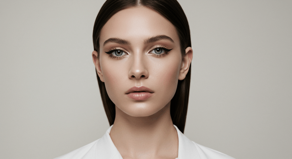 A close-up portrait of a woman with striking green eyes, wearing subtle makeup, and dressed in a white shirt against a neutral background.