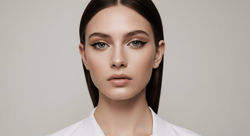 A close-up portrait of a woman with striking green eyes, wearing subtle makeup, and dressed in a white shirt against a neutral background.