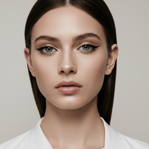 Een close-upportret van een vrouw met opvallende groene ogen, subtiele make-up en gekleed in een wit overhemd tegen een neutrale achtergrond.