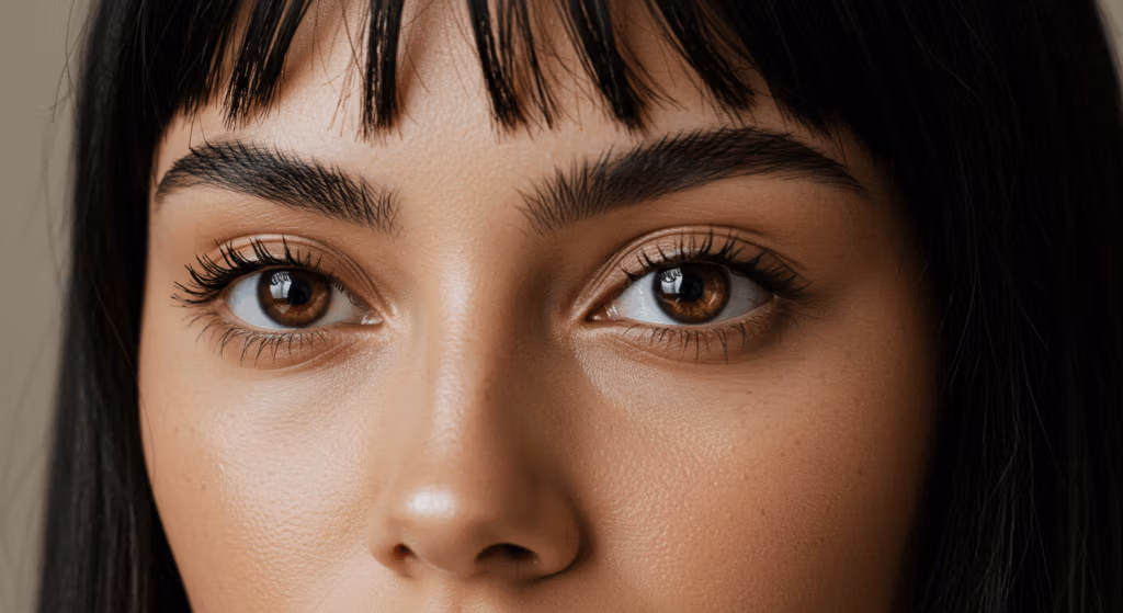 A close-up portrait of a person with striking brown eyes, long dark hair with bangs, and well-defined eyebrows, staring directly at the camera.