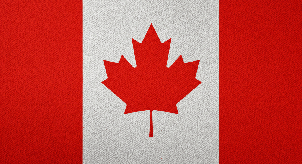 Flag of Canada featuring a red maple leaf centered on a white background, flanked by two vertical red bars.
