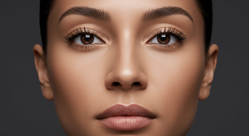 Close-up portrait of a person's face with smooth skin, prominent eyebrows, long eyelashes, and neutral makeup against a dark background.