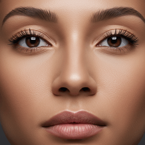 Close-upportret van iemands gezicht met een gladde huid, prominente wenkbrauwen, lange wimpers en neutrale make-up tegen een donkere achtergrond.