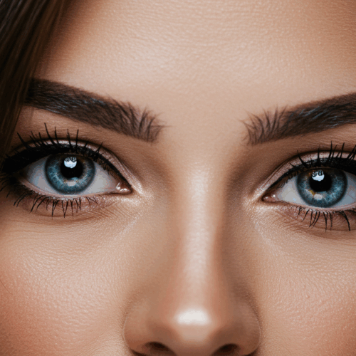 Een close-upportret van een vrouw met opvallende blauwe ogen, verzorgde wenkbrauwen en lange wimpers, waardoor haar gelaatstrekken goed tot hun recht komen tegen een zachte achtergrond.