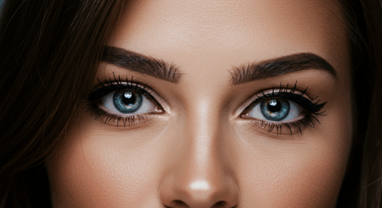 صورة مقربة لامرأة ذات عيون زرقاء مذهلة، وحواجب مشذبة جيدًا، ورموش طويلة، مما يسلط الضوء على ملامح وجهها على خلفية ذات تركيز ناعم.
