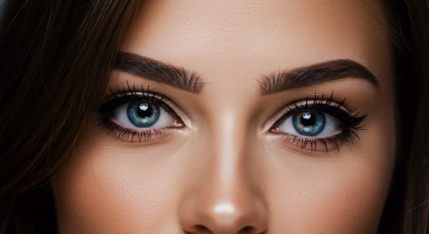 Een close-upportret van een vrouw met opvallende blauwe ogen, verzorgde wenkbrauwen en lange wimpers, waardoor haar gelaatstrekken goed tot hun recht komen tegen een zachte achtergrond.