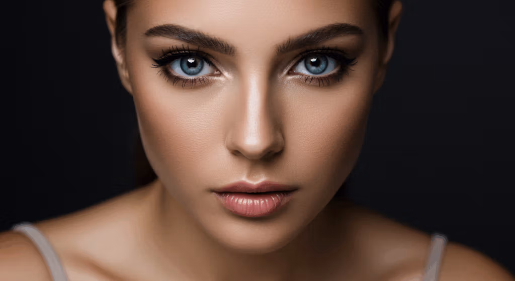 Een close-up portret van een jonge vrouw met opvallend blauwe ogen en subtiele make-up, waarbij haar gelaatstrekken afsteken tegen een donkere achtergrond.