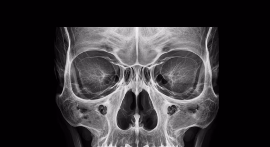 Röntgenfoto van een menselijke schedel, waarop de gedetailleerde botstructuur te zien is, inclusief de oogkassen, neusholte en sinussen.