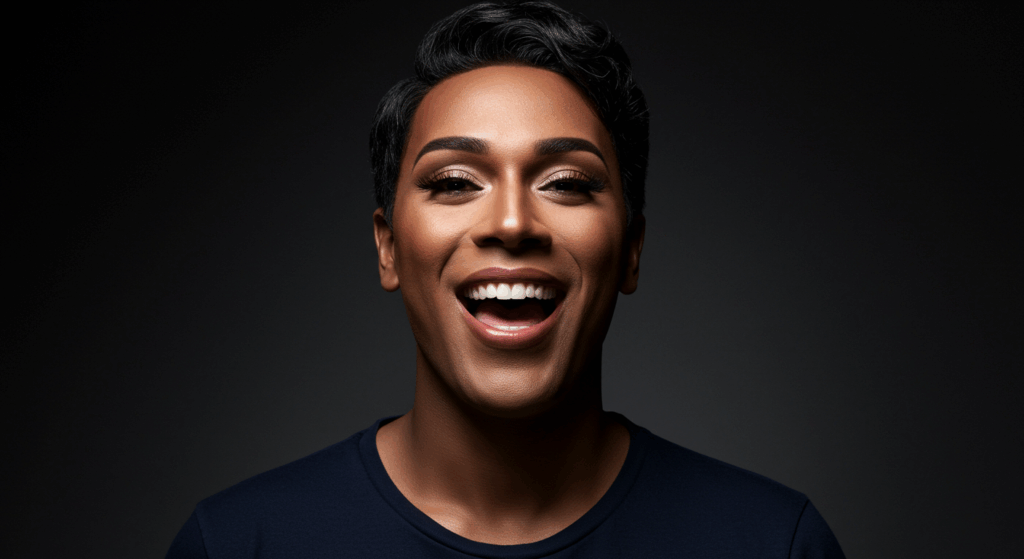 A close-up portrait of a smiling person with short dark hair, fair skin, and prominent eyelashes, wearing a dark blue shirt against a black background.