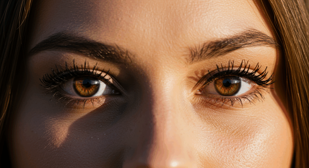 A close-up photograph of a woman's eyes with a dramatic contrast between light and shadow, highlighting the texture of her skin and eyelashes.