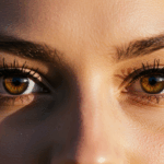 Una fotografía de primer plano de los ojos de una mujer con un contraste dramático entre luz y sombra, resaltando la textura de su piel y sus pestañas.