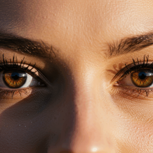 Een close-upfoto van de ogen van een vrouw met een dramatisch contrast tussen licht en schaduw, waardoor de textuur van haar huid en wimpers wordt benadrukt.