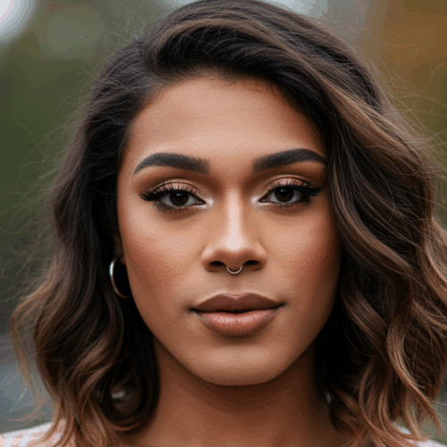 Een close-upportret van een vrouw met golvend haar, doordringende ogen en subtiele make-up, staand buiten tegen een natuurlijke achtergrond.