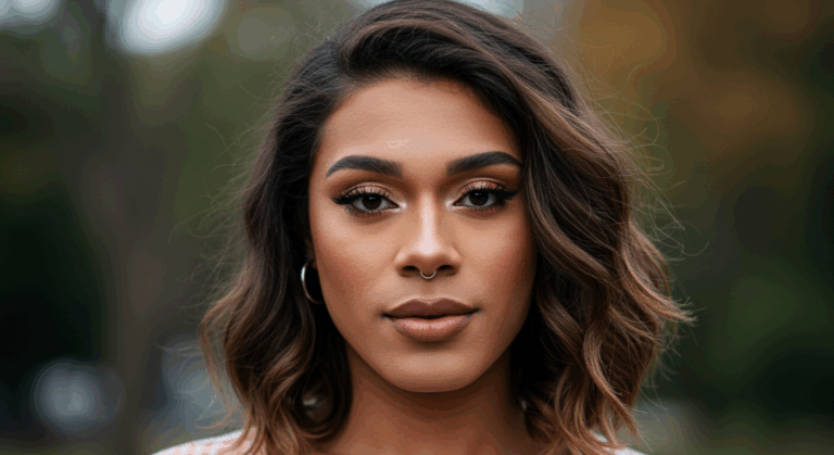 Portrait en gros plan d'une femme aux cheveux ondulés, aux yeux perçants et au maquillage subtil, debout à l'extérieur avec un arrière-plan naturel.