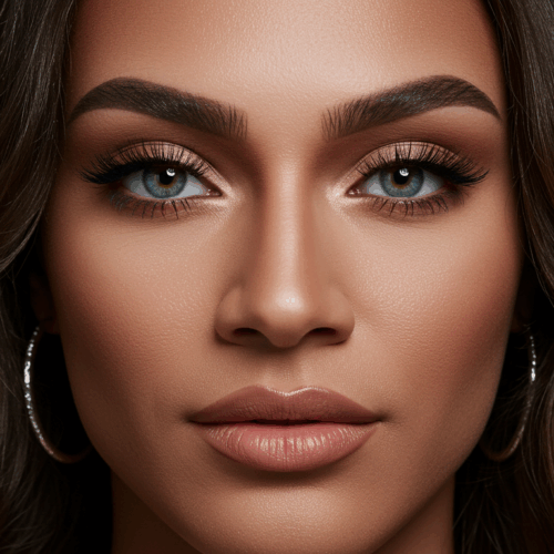 Een close-upportret van een vrouw met opvallende blauwe ogen, perfect gevormde wenkbrauwen en volle lippen, die subtiele make-up en grote hoepeloorbellen draagt, tegen een donkere achtergrond.