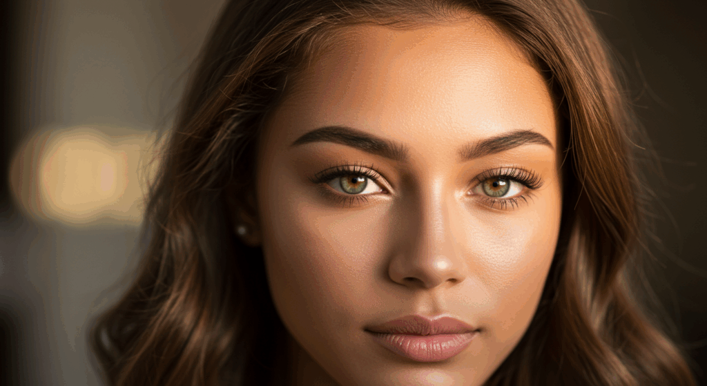 A close-up photo of a woman with brown hair and green eyes.