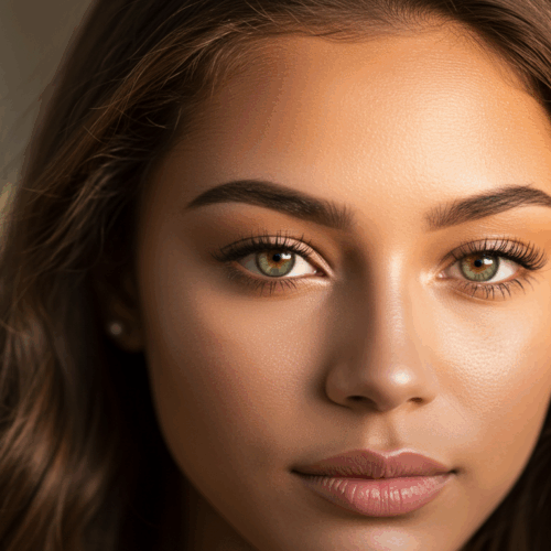 Een close-upfoto van een vrouw met bruin haar en groene ogen.