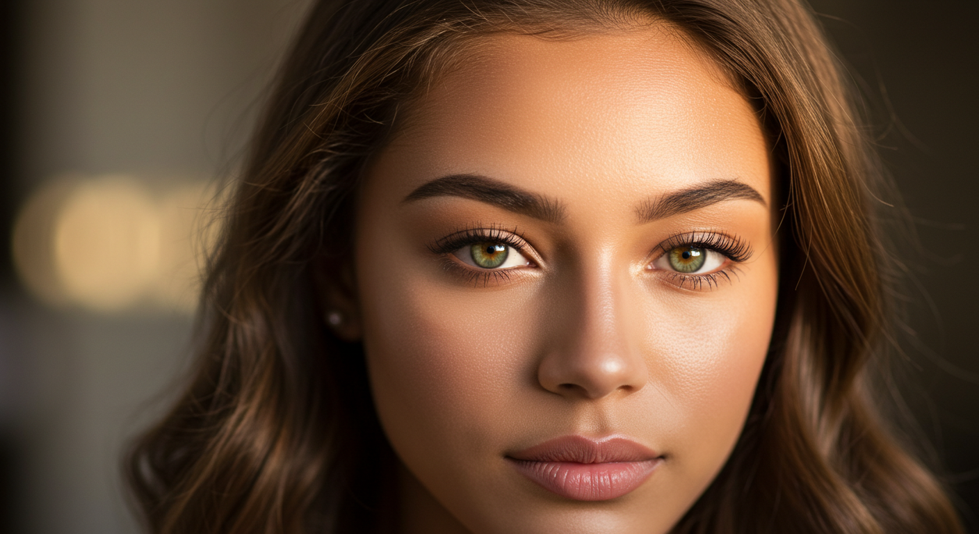 Una fotografía de primer plano de una mujer con cabello castaño y ojos verdes.