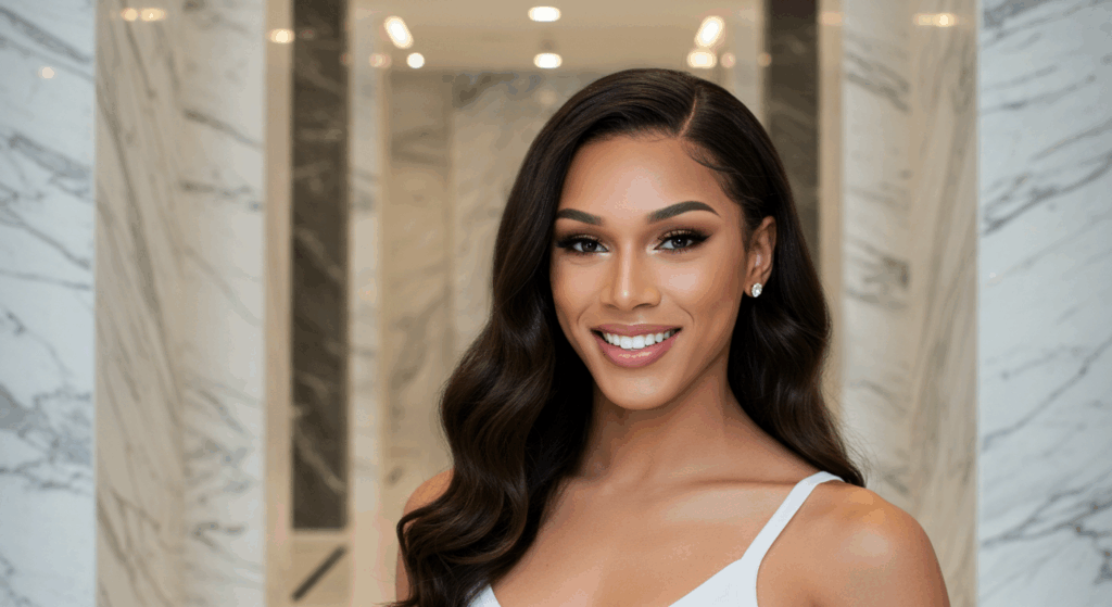 A woman in a white dress smiling in front of a marble wall with a blurred background.