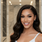 A woman in a white dress smiling in front of a marble wall with a blurred background.