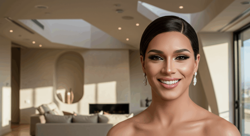A portrait of a smiling woman with dark hair in a modern modern room. She is wearing a glamorous white gown and elegant diamond earrings. The background features a sofa and a mirror