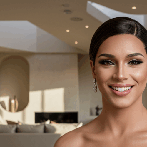 Een portret van een glimlachende vrouw met donker haar in een moderne kamer. Ze draagt een glamoureuze witte jurk en elegante diamanten oorbellen. Op de achtergrond staan een bank en een spiegel.