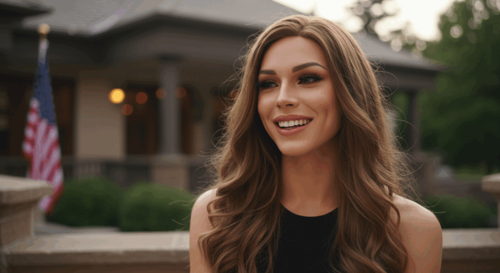 A smiling woman with long brown hair standing outdoors in front of a house with an American flag in the background.