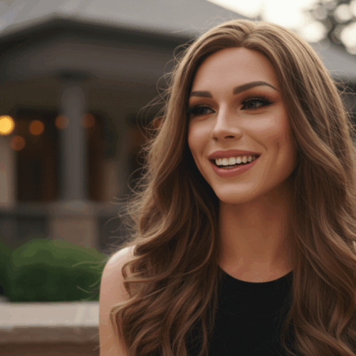 Een lachende vrouw met lang bruin haar staat buiten voor een huis met een Amerikaanse vlag op de achtergrond.