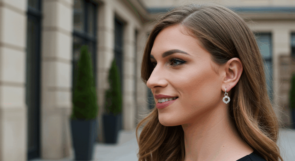 A woman with long brown hair and diamond earrings smiling in front of a stone building.