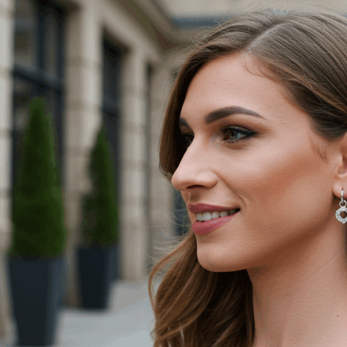 Een vrouw met lang bruin haar en diamanten oorbellen staat lachend voor een stenen gebouw.