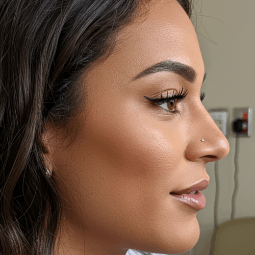 Een close-up profielfoto van een vrouw met een gladde huid, gedefinieerde wenkbrauwen, lange wimpers en een piercing bij haar neus, tegen een klinische achtergrond met zichtbare medische apparatuur.