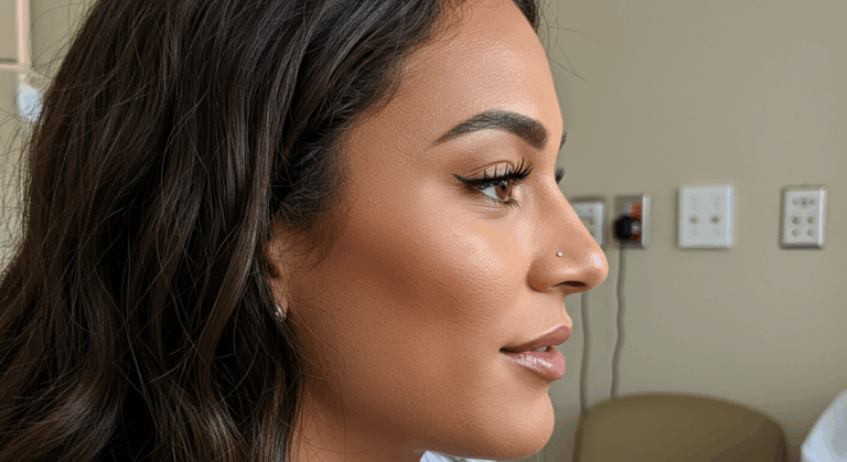 منظر جانبي عن قرب لامرأة ذات بشرة ناعمة وحواجب محددة ورموش طويلة وثقب بالقرب من أنفها، على خلفية سريرية مع ظهور المعدات الطبية.