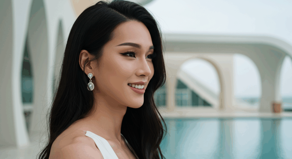 A woman with long dark hair wearing a white off-the-shoulder dress and dangling earrings, smiling softly, standing outdoors with a modern architectural structure in the background.