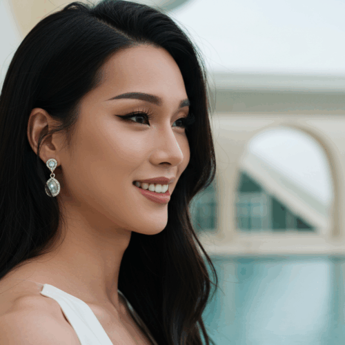 Een vrouw met lang donker haar, gekleed in een witte jurk met blote schouders en oorbellen, lacht zachtjes en staat buiten met een moderne architectonische structuur op de achtergrond.