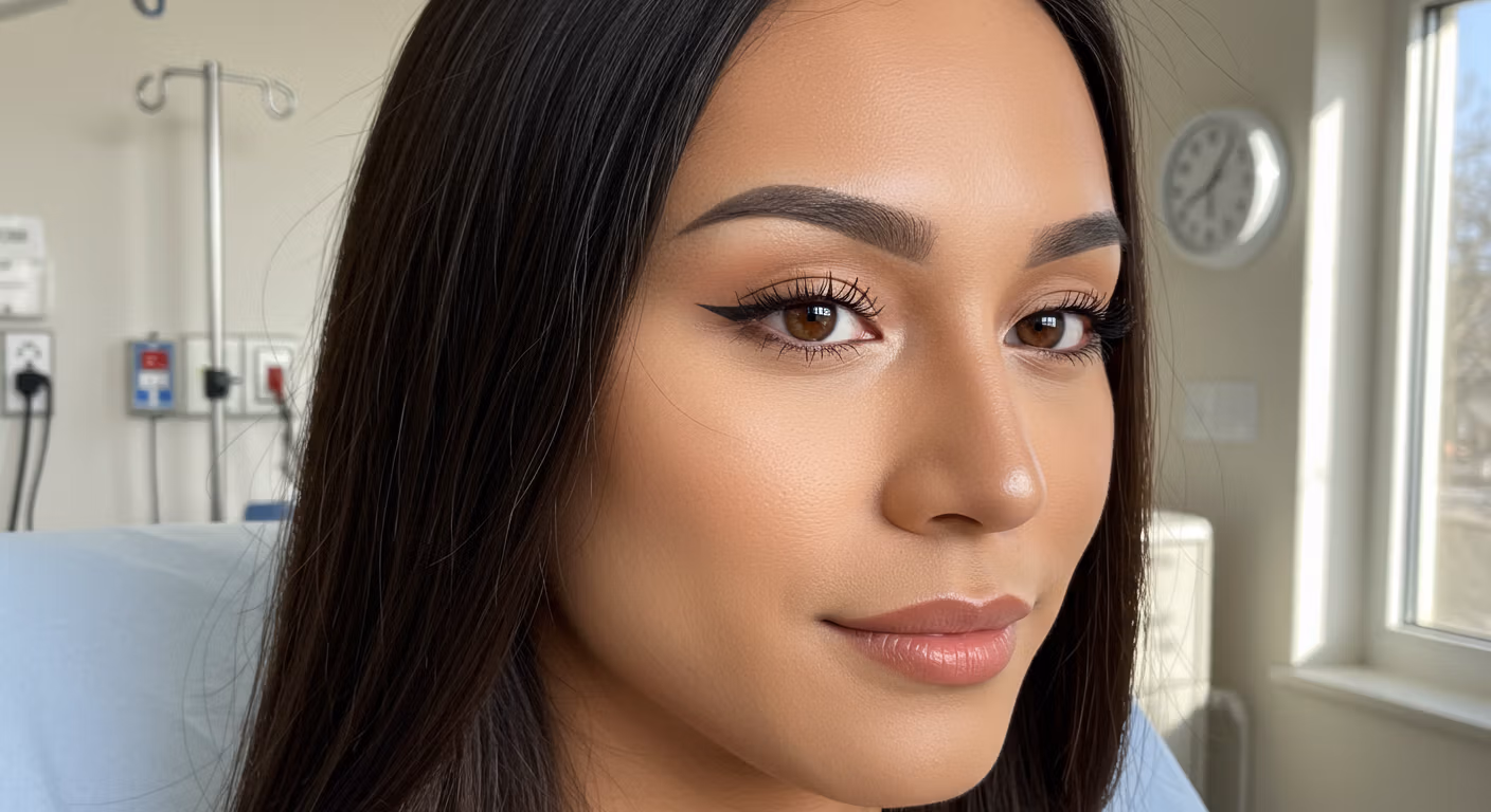 Ritratto ravvicinato di una donna con lunghi capelli scuri, che guarda direttamente in camera. Indossa del trucco, tra cui eyeliner e lucidalabbra. Lo sfondo sembra essere un ambiente clinico con apparecchiature mediche visibili.