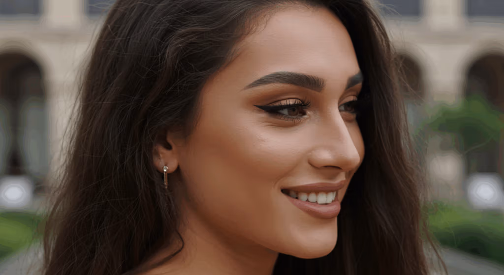 Ritratto ravvicinato di una giovane donna con lunghi capelli castani e un sorriso caloroso. Indossa un trucco leggero con ombretto marrone e un orecchino d'oro. Lo sfondo è sfocato, focalizzando l'attenzione sul suo viso.