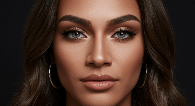 Portrait en gros plan d'une femme aux yeux bleus saisissants, aux sourcils parfaitement dessinés et aux lèvres charnues, portant un maquillage subtil et de grandes boucles d'oreilles créoles, sur un fond sombre.