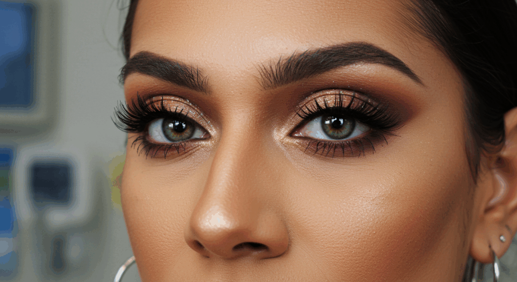 A close-up image of a person's face with detailed eye makeup, featuring shimmering gold and brown tones, thick eyeliner, and long eyelashes.