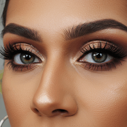 Een close-upfoto van iemands gezicht met gedetailleerde oogmake-up, met glinsterende goud- en bruintinten, dikke eyeliner en lange wimpers.