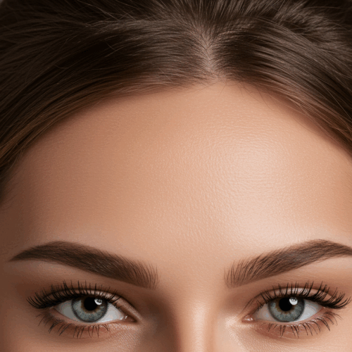 Close-up van het gezicht van een vrouw met bruin haar, een lichte huid en blauwe ogen, met de focus op haar goed gedefinieerde wenkbrauwen en lange wimpers.